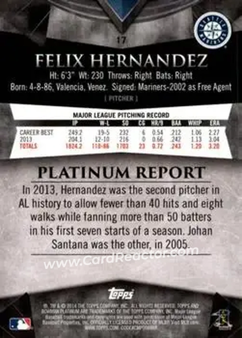 2014 Bowman Platinum #17 - Felix Hernandez - Seattle Mariners - Back