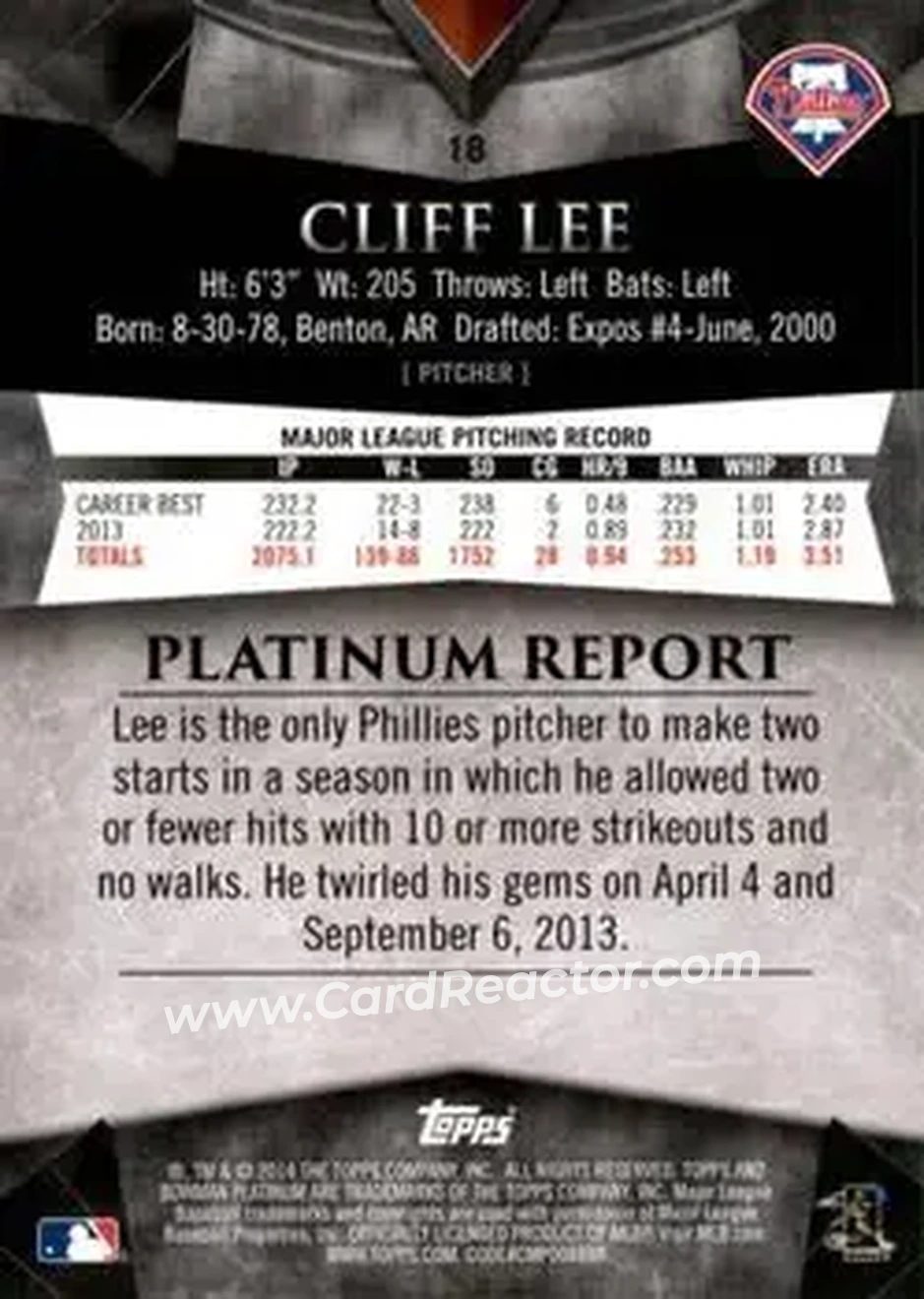 2014 Bowman Platinum #18 - Cliff Lee - Philadelphia Phillies - Back