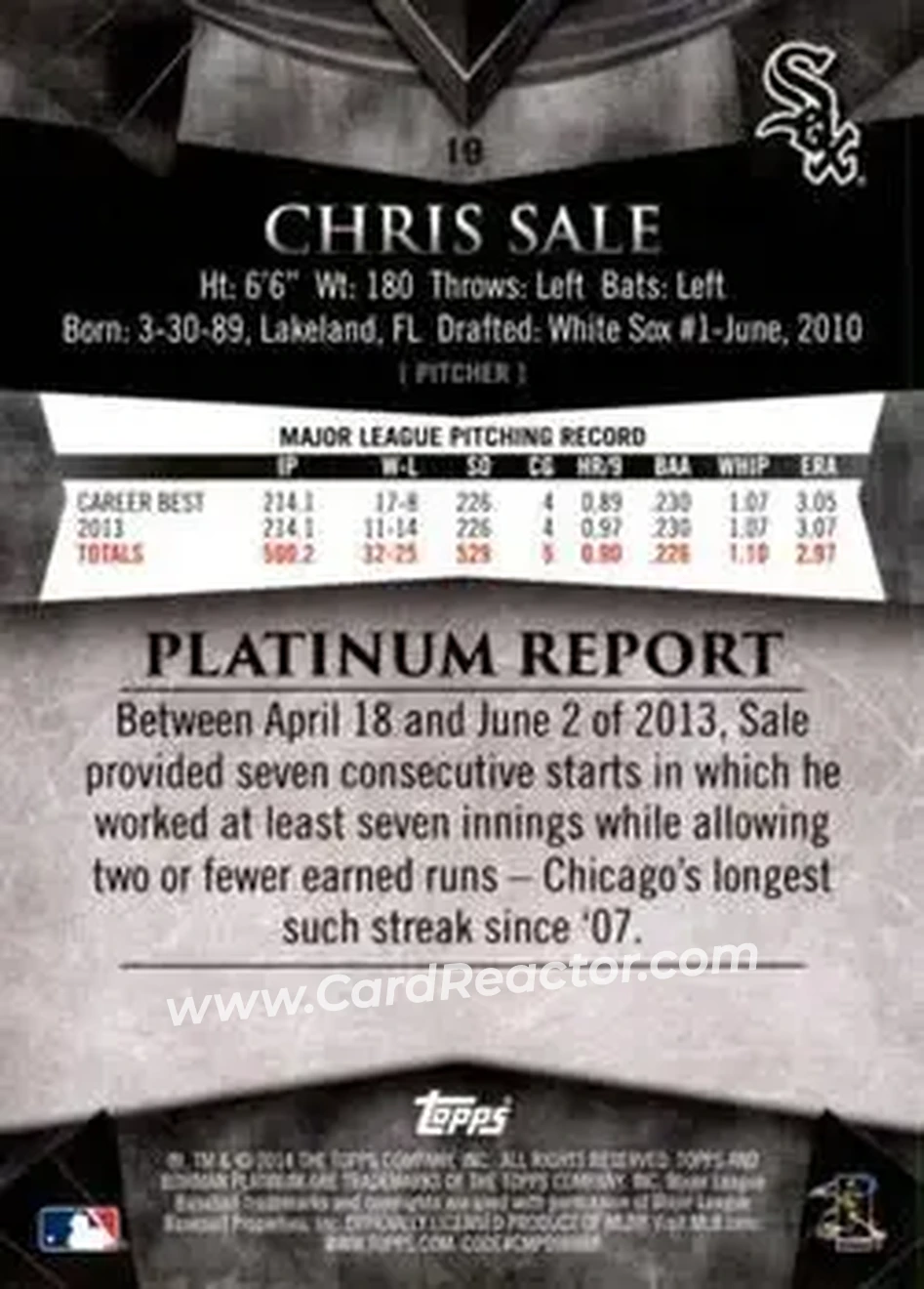 2014 Bowman Platinum #19 - Chris Sale - Chicago White Sox - Back