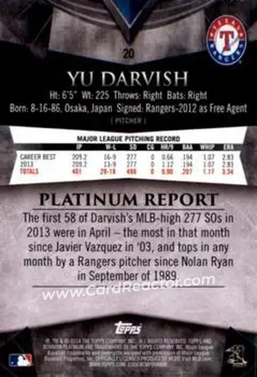 2014 Bowman Platinum #20 - Yu Darvish - Texas Rangers - Back