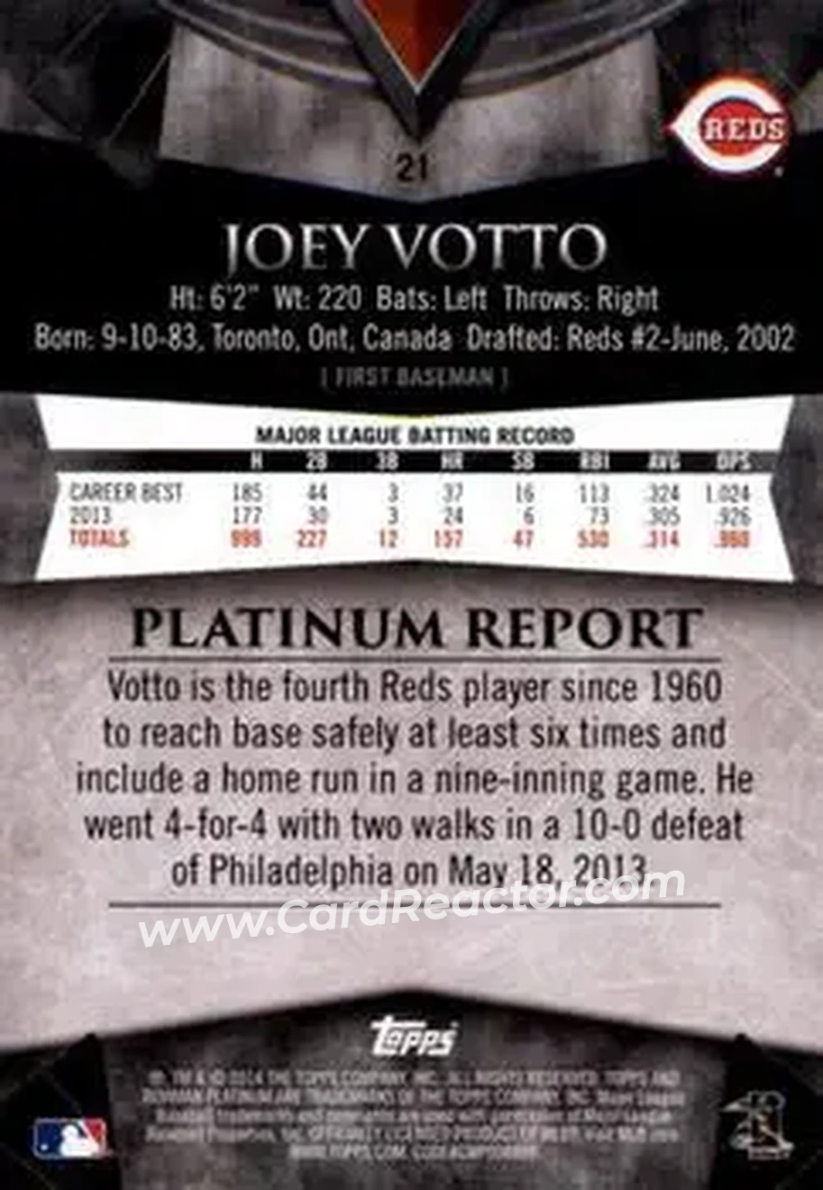 2014 Bowman Platinum #21 - Joey Votto - Cincinnati Reds - Back 2014 Bowman Platinum #21 - Joey Votto - Cincinnati Reds - Back