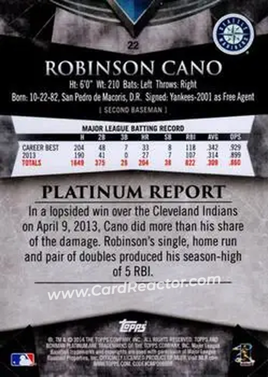 2014 Bowman Platinum #22 - Robinson Cano - Seattle Mariners - Back