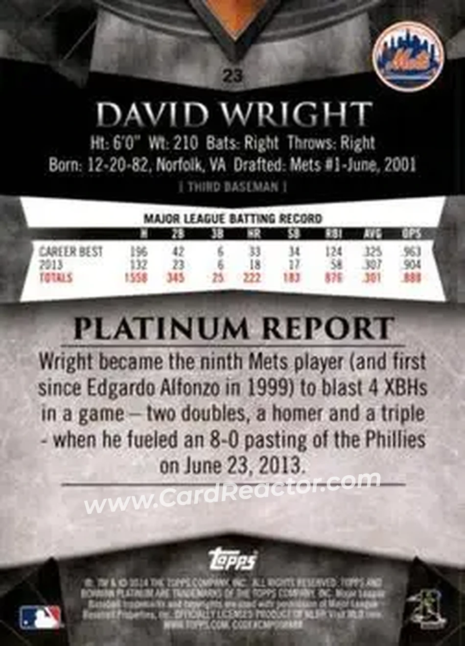 2014 Bowman Platinum #23 - David Wright - New York Mets - Back