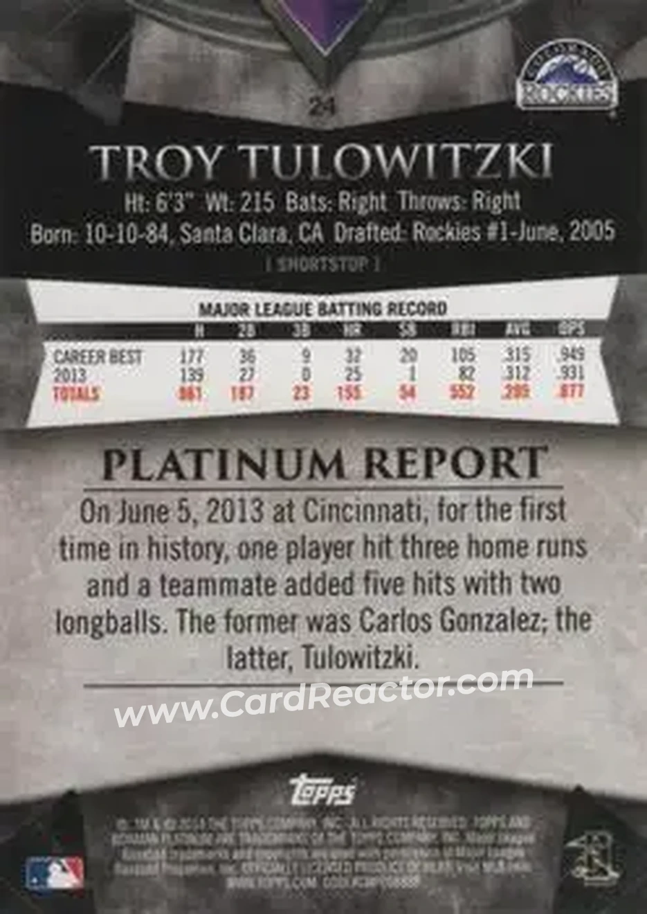 2014 Bowman Platinum #24 - Troy Tulowitzki - Colorado Rockies - Back