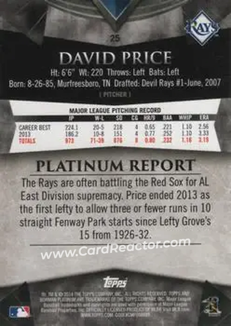 2014 Bowman Platinum #25 - David Price - Tampa Bay Rays - Back 2014 Bowman Platinum #25 - David Price - Tampa Bay Rays - Back
