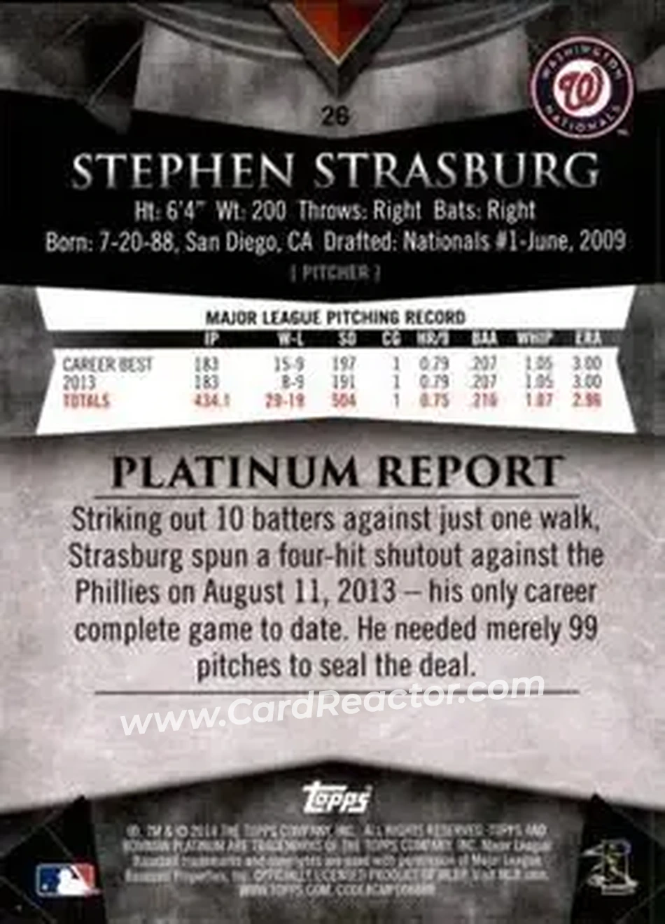 2014 Bowman Platinum #26 - Stephen Strasburg - Washington Nationals - Back