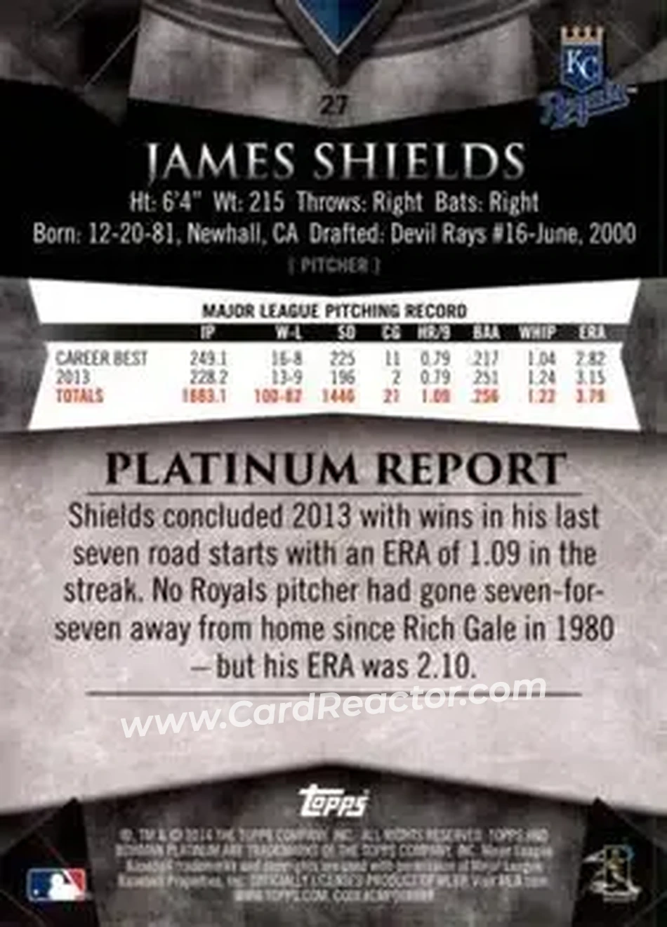 2014 Bowman Platinum #27 - James Shields - Kansas City Royals - Back