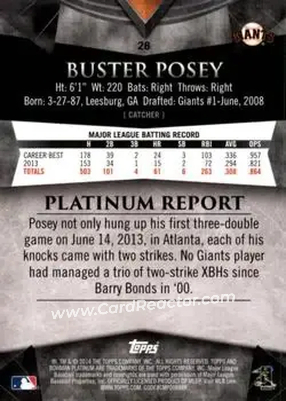 2014 Bowman Platinum #28 - Buster Posey - San Francisco Giants - Back