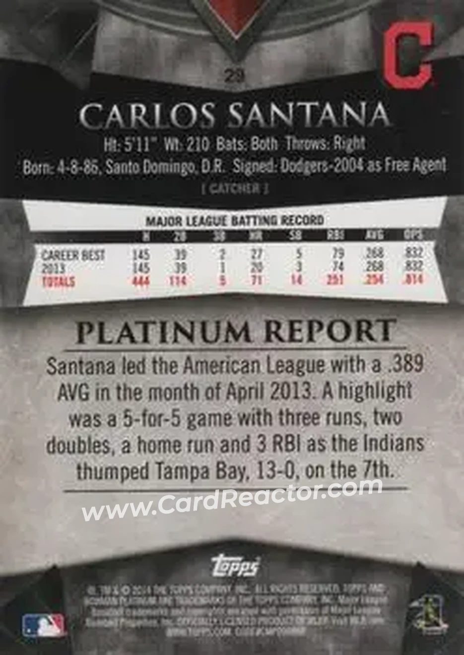 2014 Bowman Platinum #29 - Carlos Santana - Cleveland Indians - Back