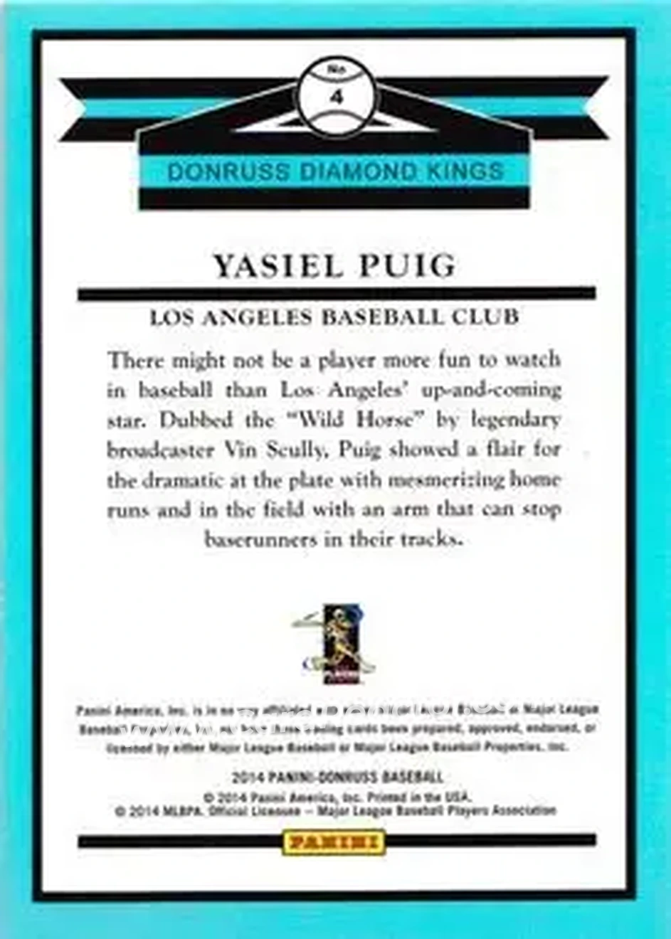 2014 Donruss #4 - Yasiel Puig - Los Angeles Dodgers - Back