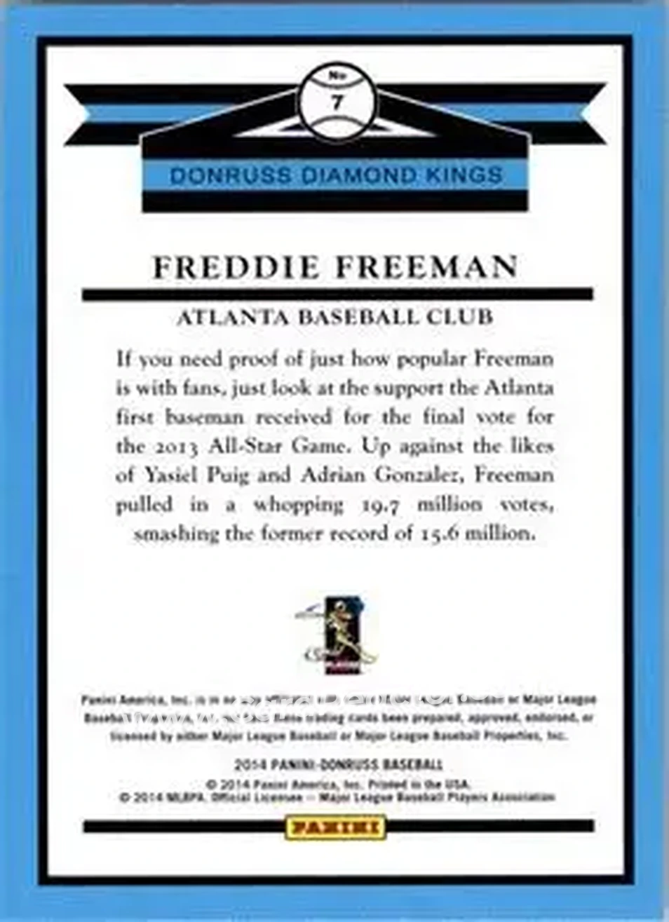 2014 Donruss #7 - Freddie Freeman - Atlanta Braves - Back 2014 Donruss #7 - Freddie Freeman - Atlanta Braves - Back