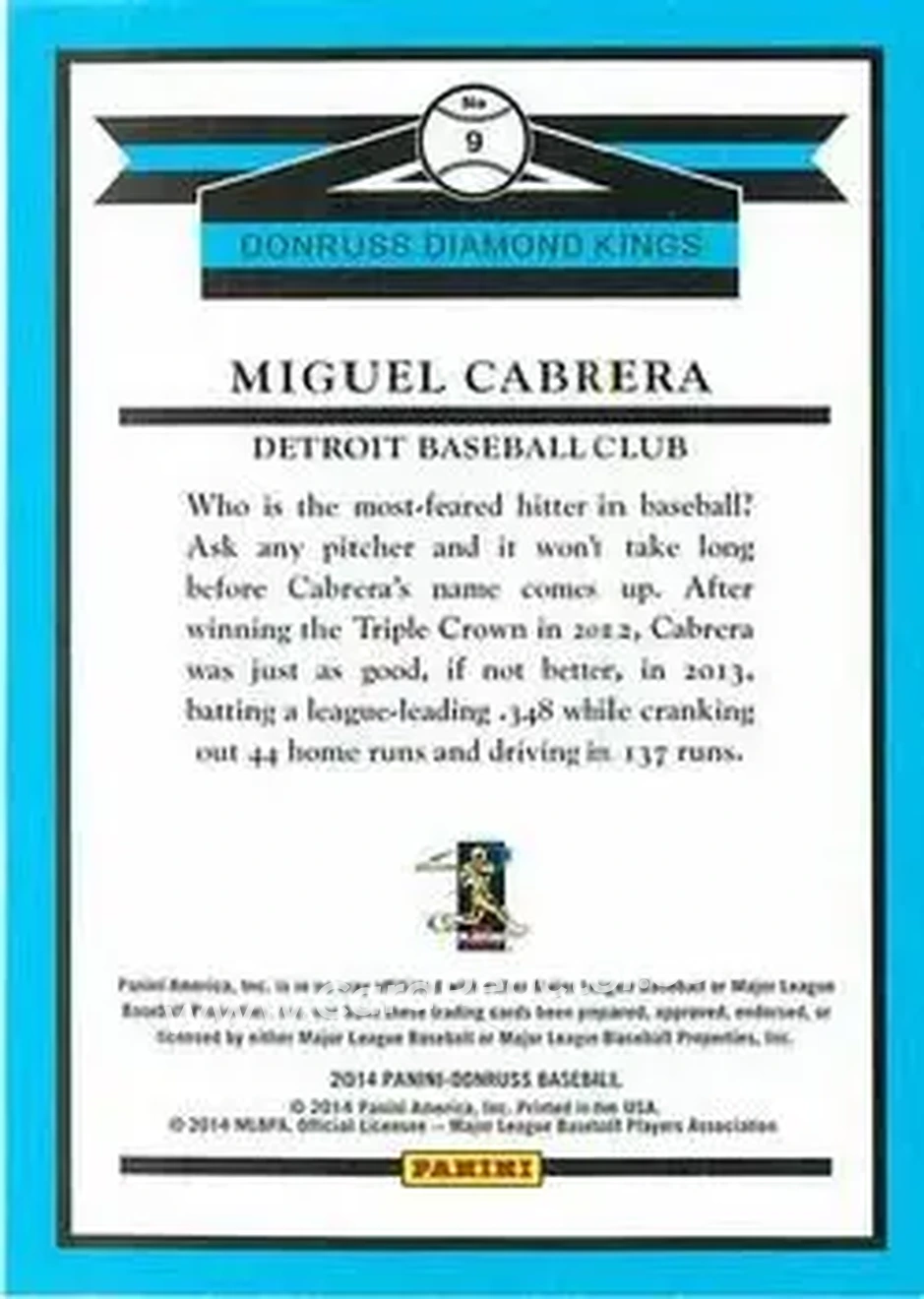 2014 Donruss #9 - Miguel Cabrera - Detroit Tigers - Back
