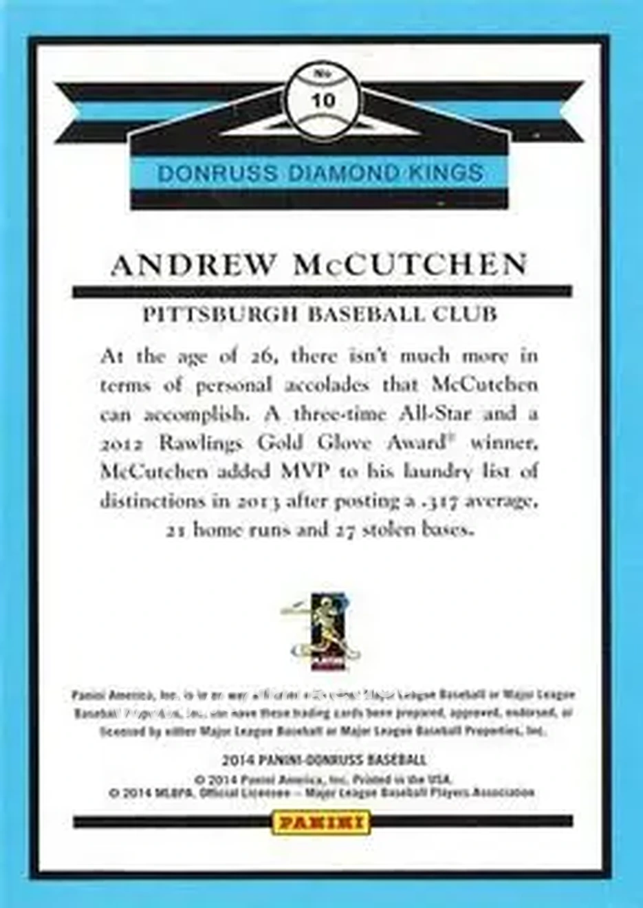 2014 Donruss #10 - Andrew McCutchen - Pittsburgh Pirates - Back