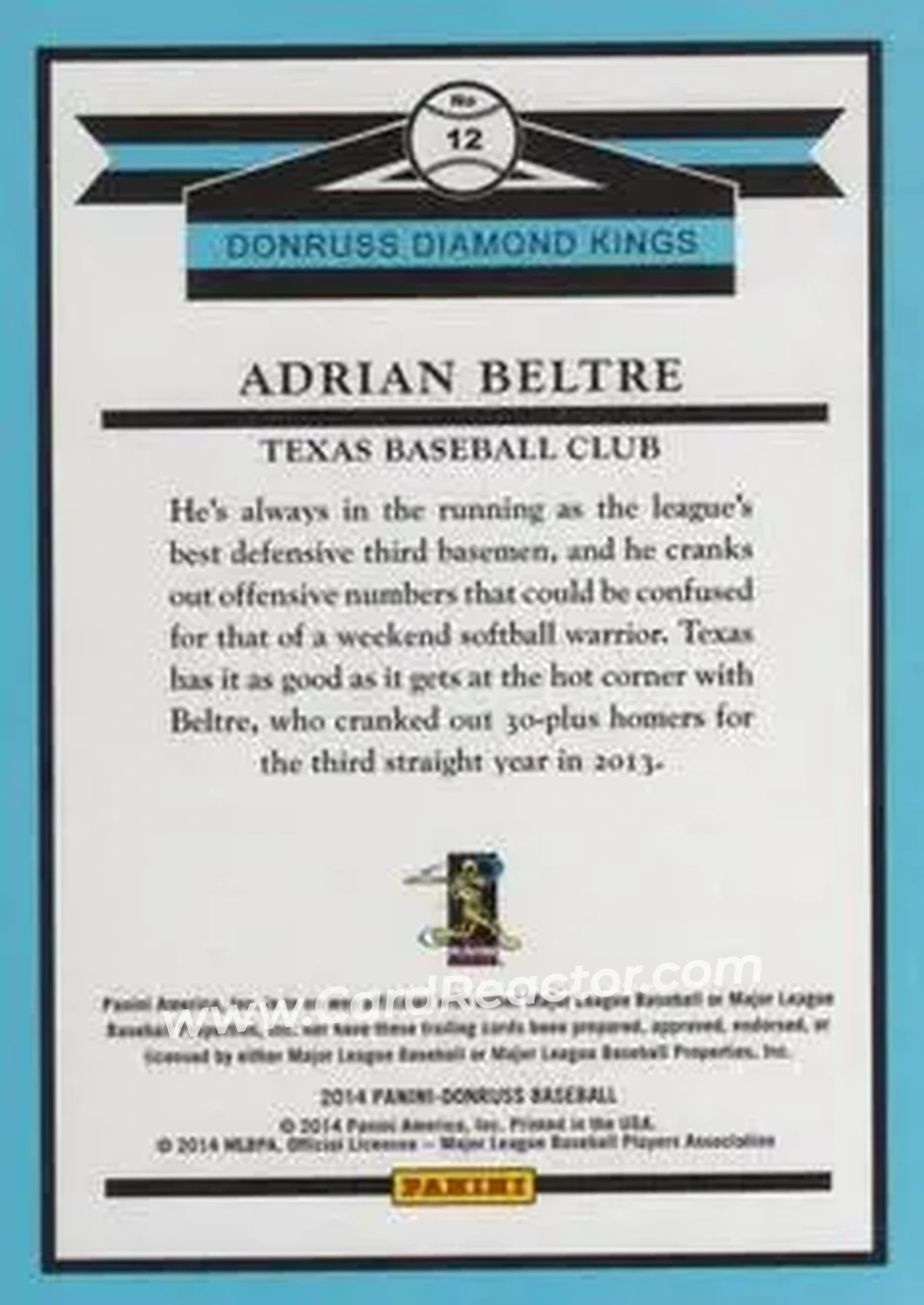 2014 Donruss #12 - Adrian Beltré - Texas Rangers - Back