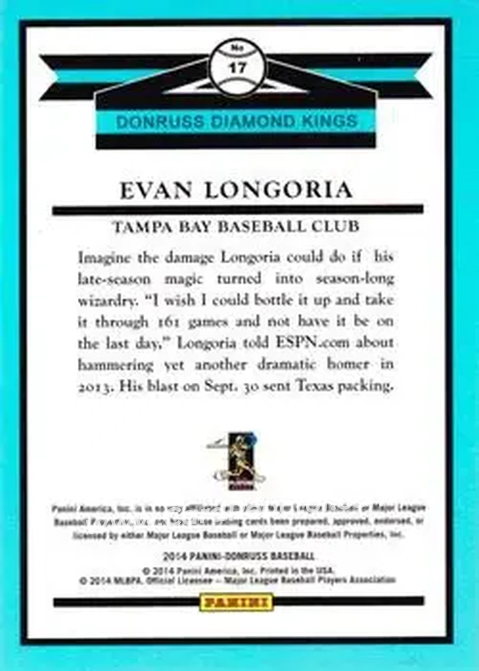 2014 Donruss #17 - Evan Longoria - Tampa Bay Rays - Back