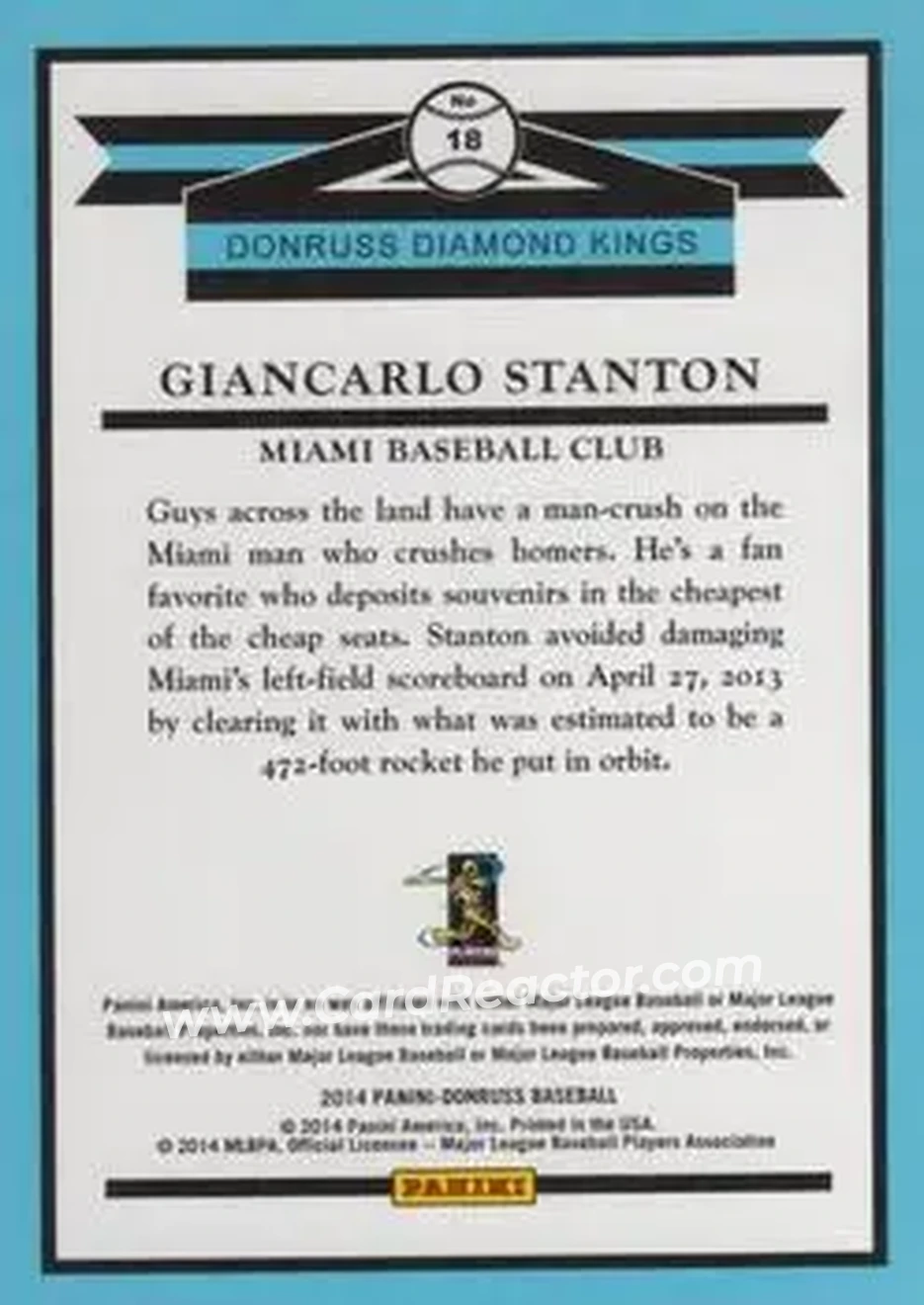 2014 Donruss #18 - Giancarlo Stanton - Miami Marlins - Back 2014 Donruss #18 - Giancarlo Stanton - Miami Marlins - Back