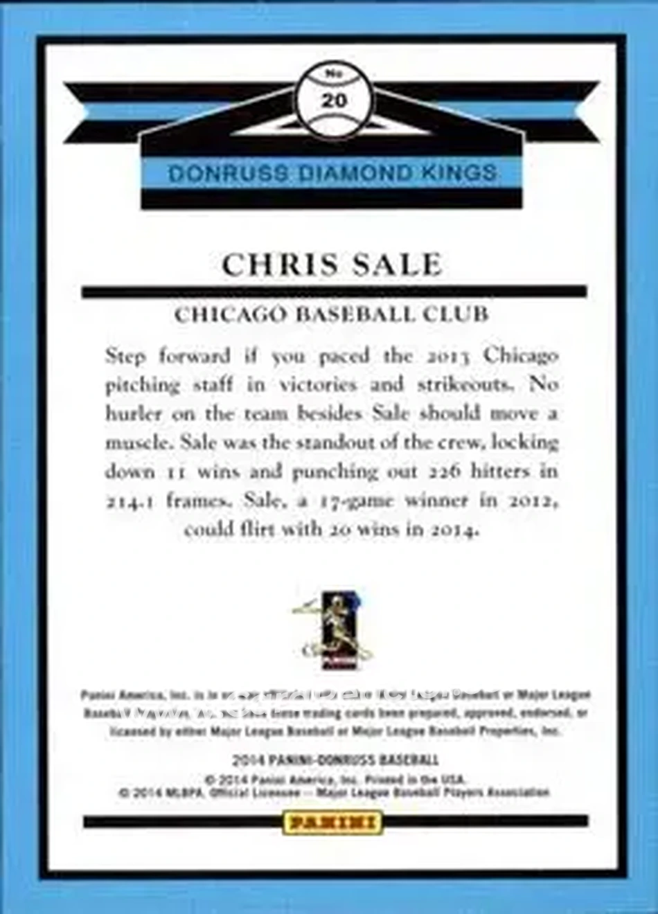 2014 Donruss #20 - Chris Sale - Chicago White Sox - Back
