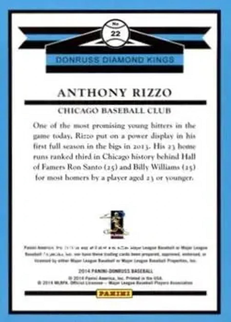 2014 Donruss #22 - Anthony Rizzo - Chicago Cubs - Back
