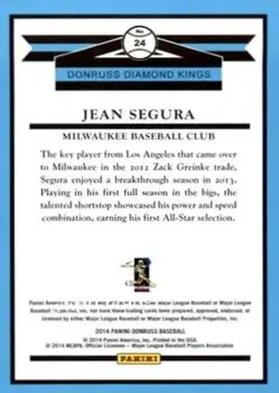 2014 Donruss #24 - Jean Segura - Milwaukee Brewers - Back