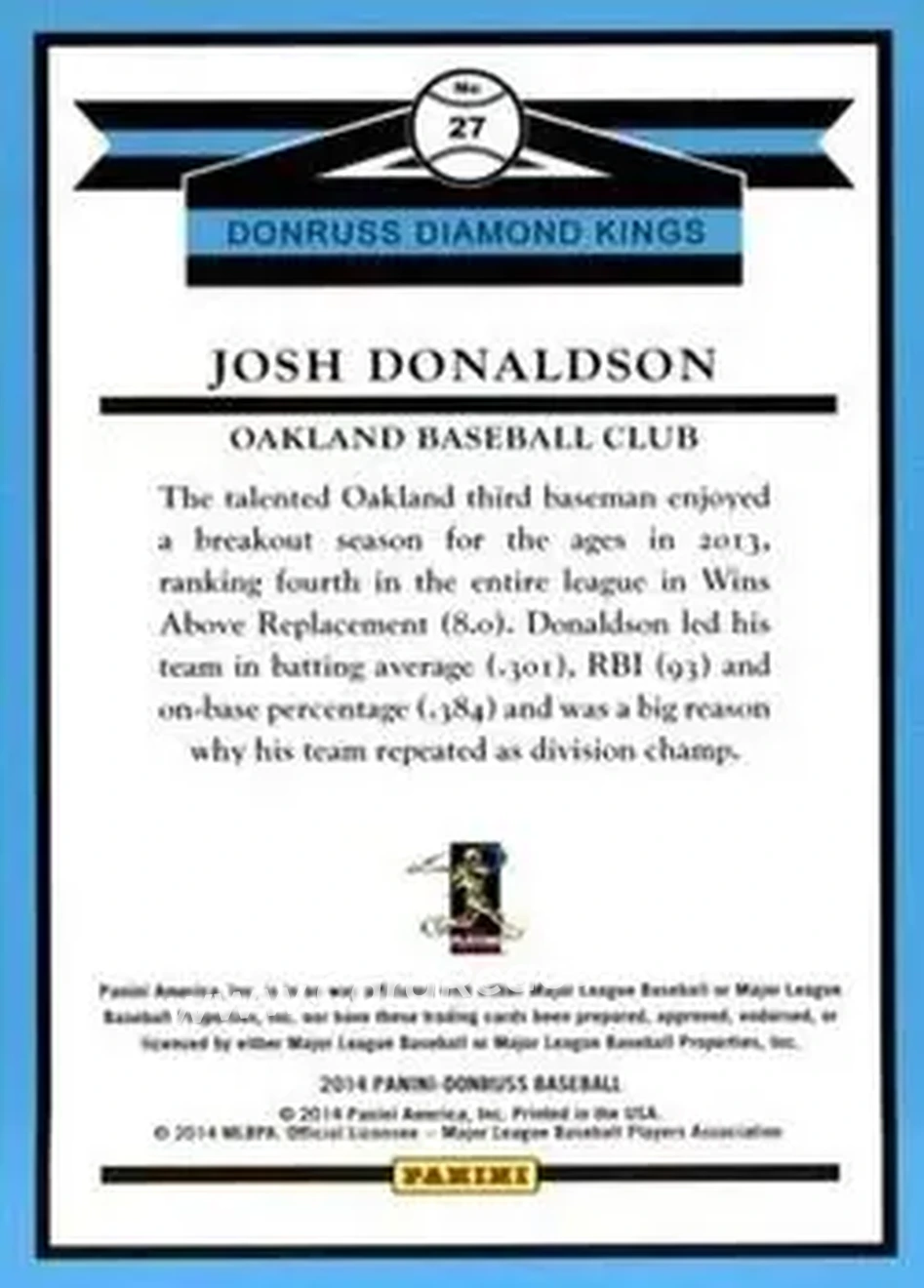 2014 Donruss #27 - Josh Donaldson - Oakland Athletics - Back