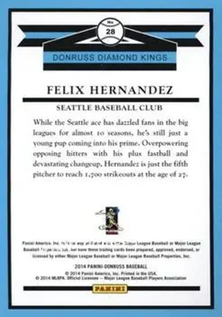 2014 Donruss #28 - Felix Hernandez - Seattle Mariners - Back 2014 Donruss #28 - Felix Hernandez - Seattle Mariners - Back