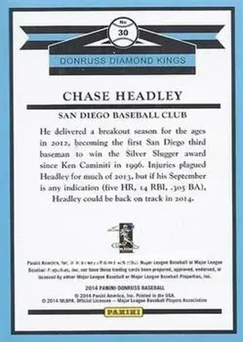 2014 Donruss #30 - Chase Headley - San Diego Padres - Back