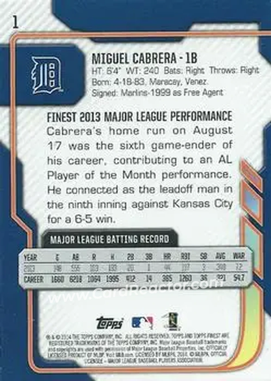 2014 Finest #1 - Miguel Cabrera - Detroit Tigers - Back