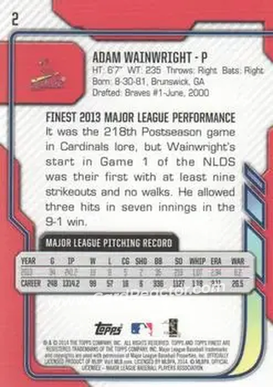 2014 Finest #2 - Adam Wainwright - St. Louis Cardinals - Back