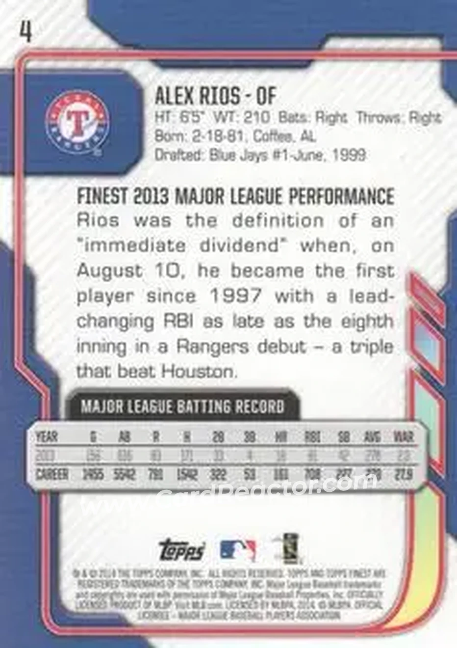 2014 Finest #4 - Alex Rios - Texas Rangers - Back