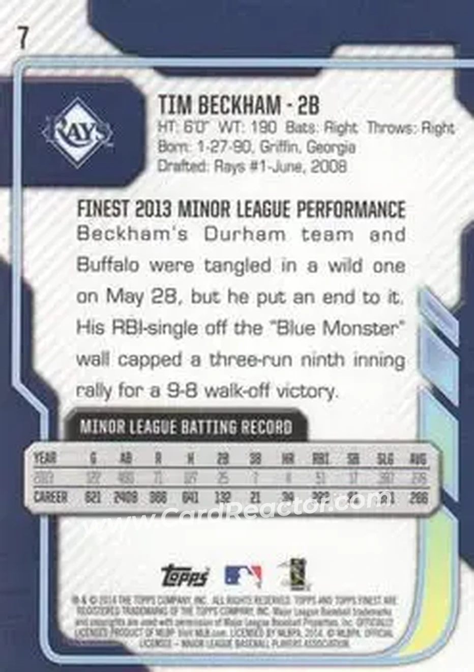 2014 Finest #7 - Tim Beckham - Tampa Bay Rays - Back