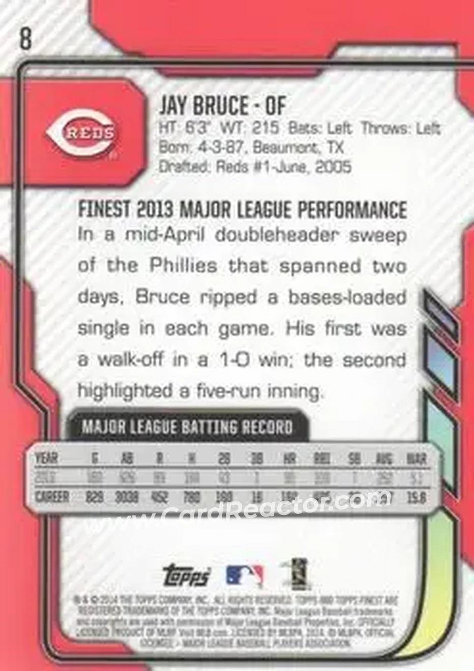 2014 Finest #8 - Jay Bruce - Cincinnati Reds - Back