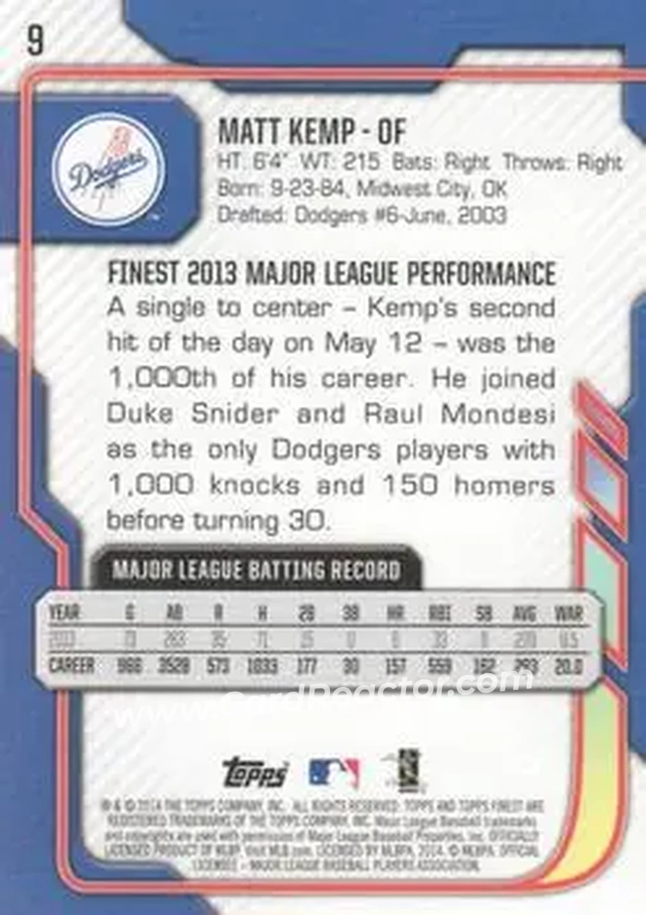 2014 Finest #9 - Matt Kemp - Los Angeles Dodgers - Back