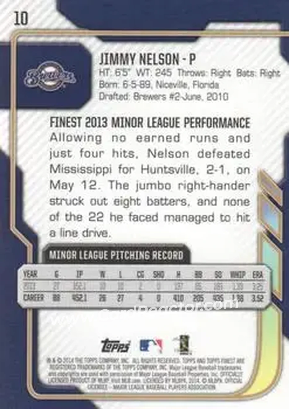 2014 Finest #10 - Jimmy Nelson - Milwaukee Brewers - Back