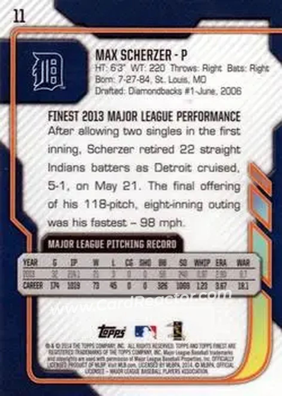 2014 Finest #11 - Max Scherzer - Detroit Tigers - Back