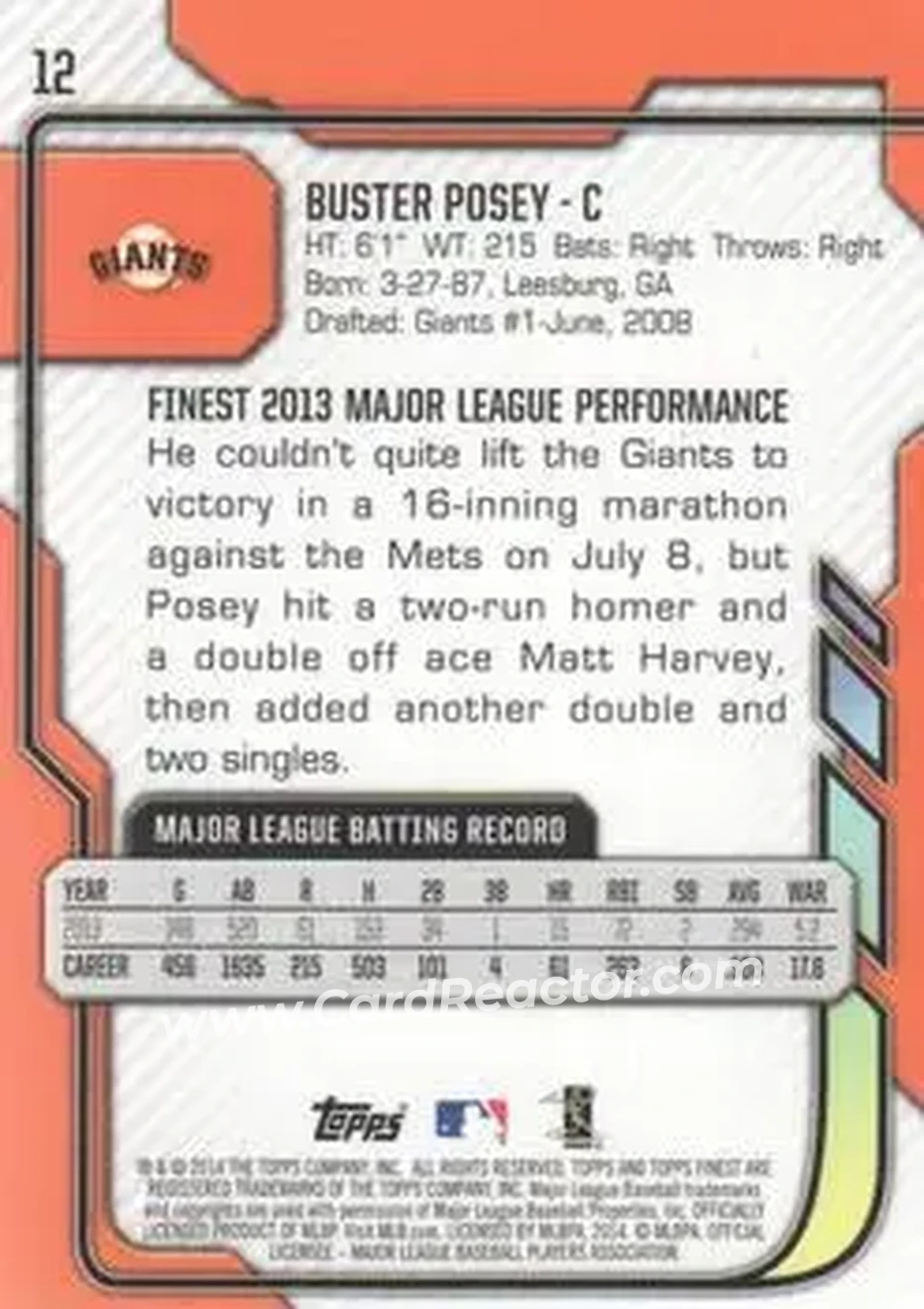 2014 Finest #12 - Buster Posey - San Francisco Giants - Back