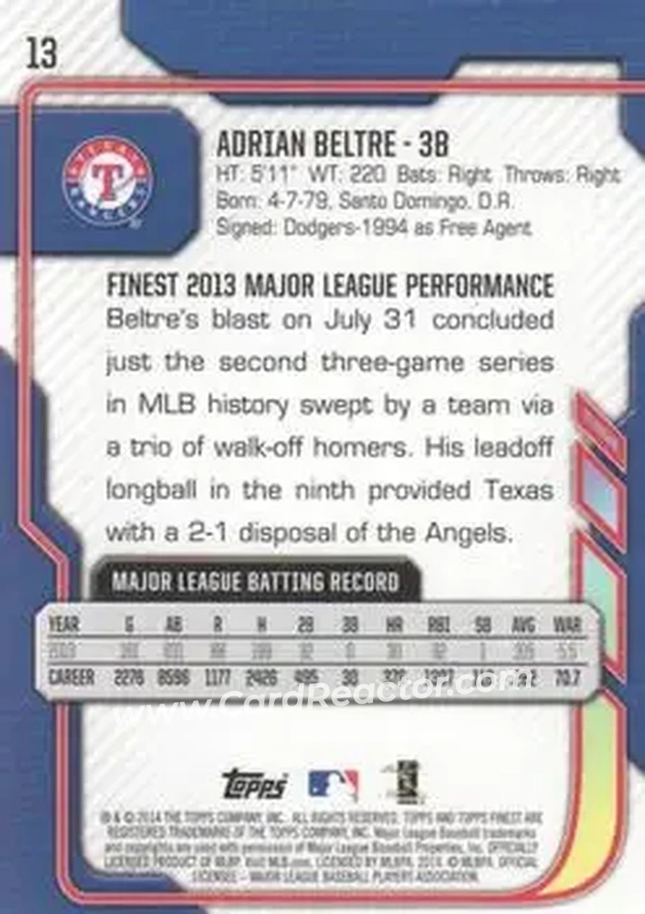 2014 Finest #13 - Adrian Beltré - Texas Rangers - Back 2014 Finest #13 - Adrian Beltré - Texas Rangers - Back
