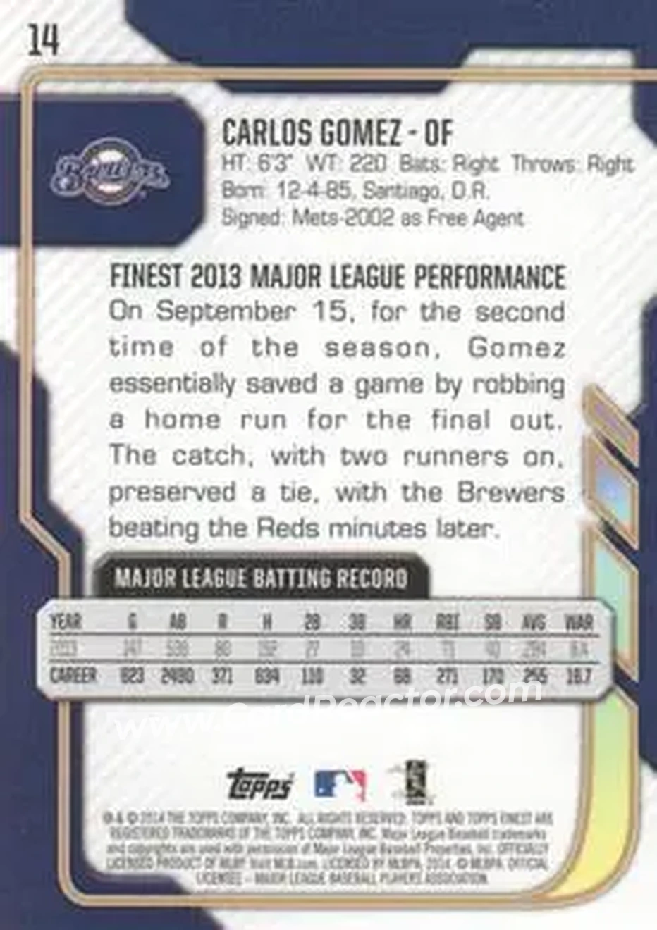 2014 Finest #14 - Carlos Gomez - Milwaukee Brewers - Back