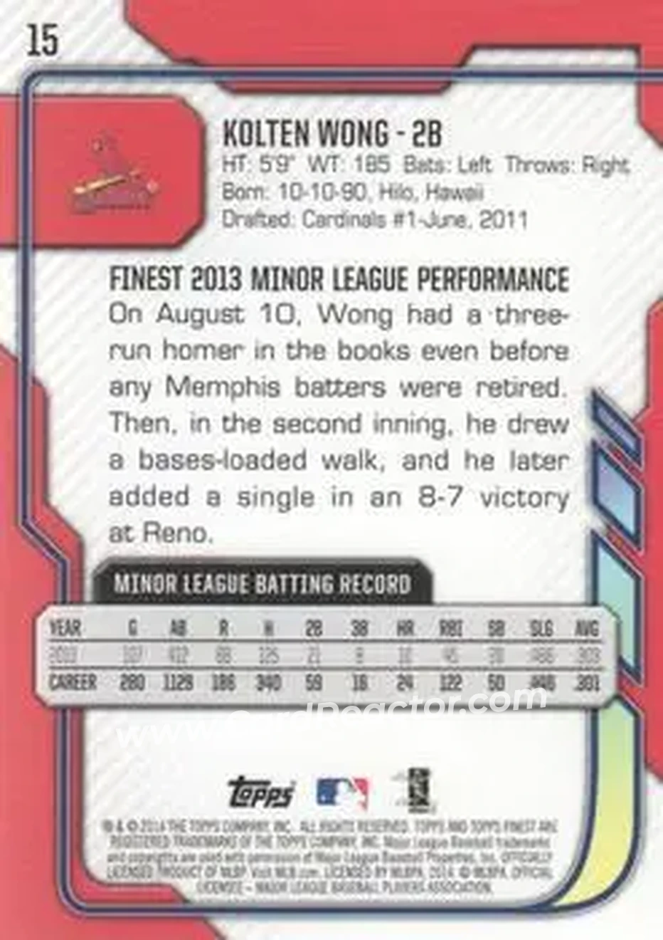 2014 Finest #15 - Kolten Wong - St. Louis Cardinals - Back
