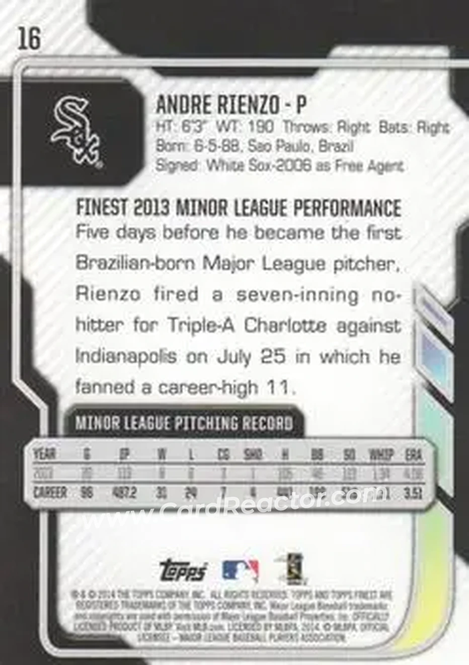 2014 Finest #16 - Andre Rienzo - Chicago White Sox - Back