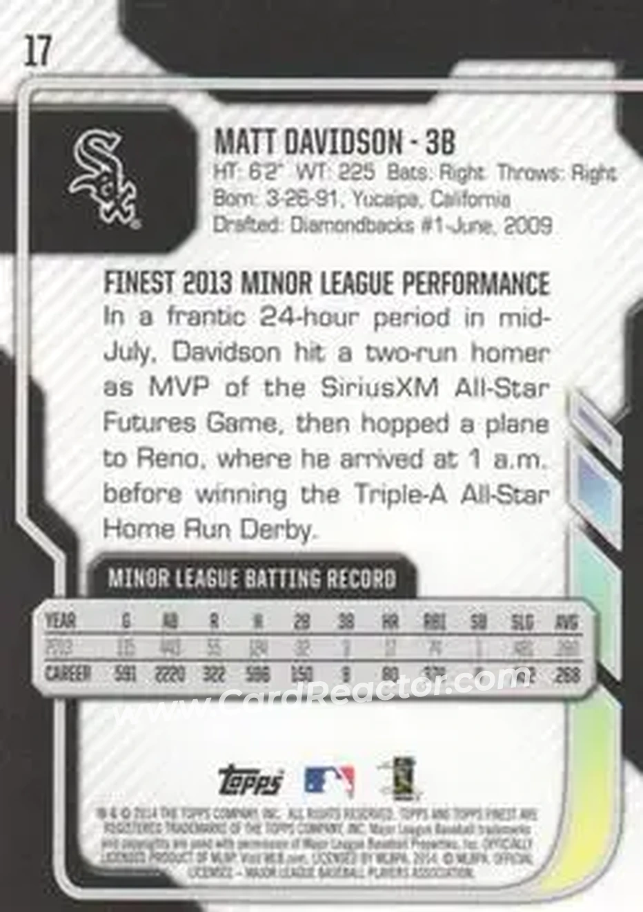 2014 Finest #17 - Matt Davidson - Chicago White Sox - Back