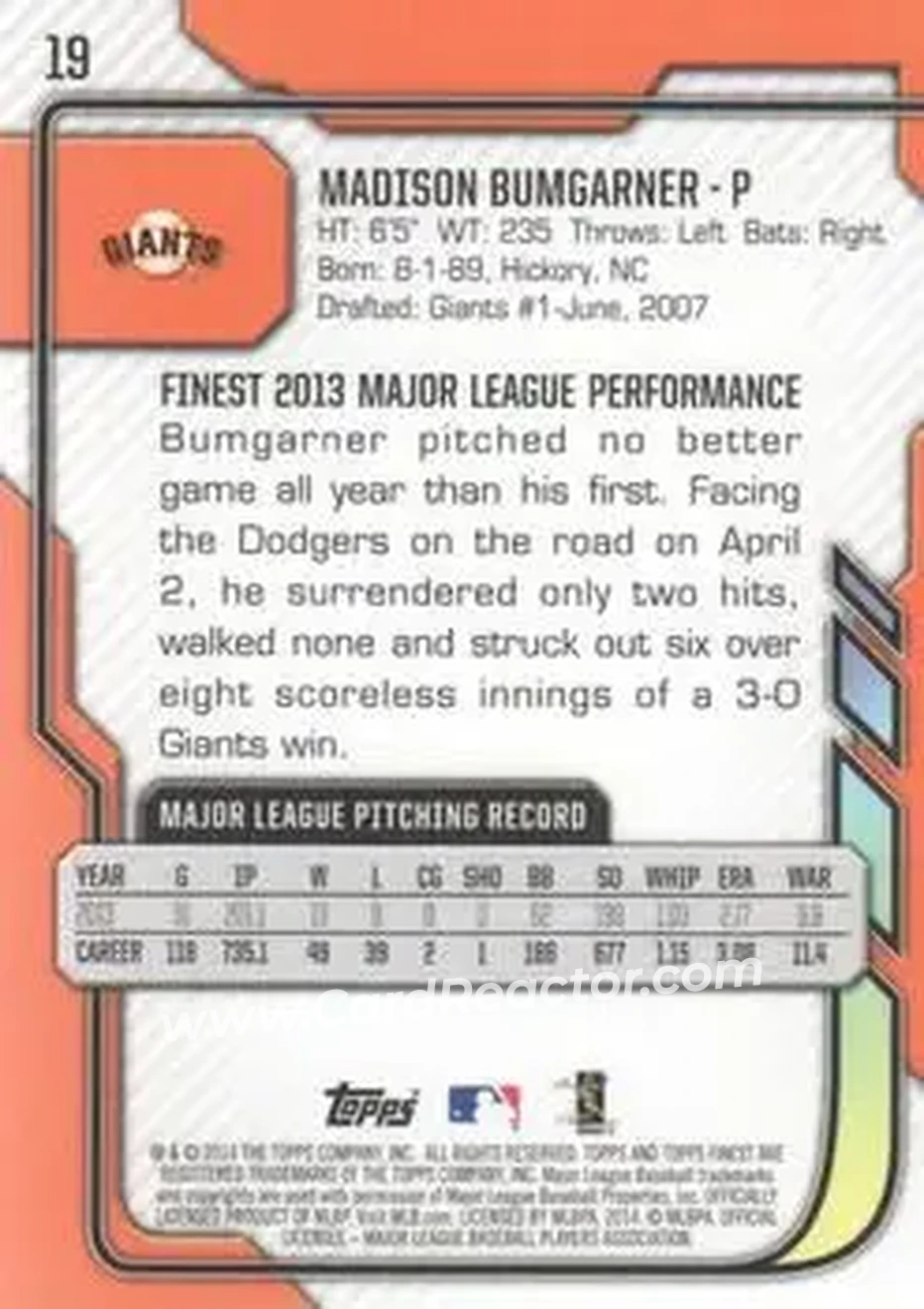 2014 Finest #19 - Madison Bumgarner - San Francisco Giants - Back