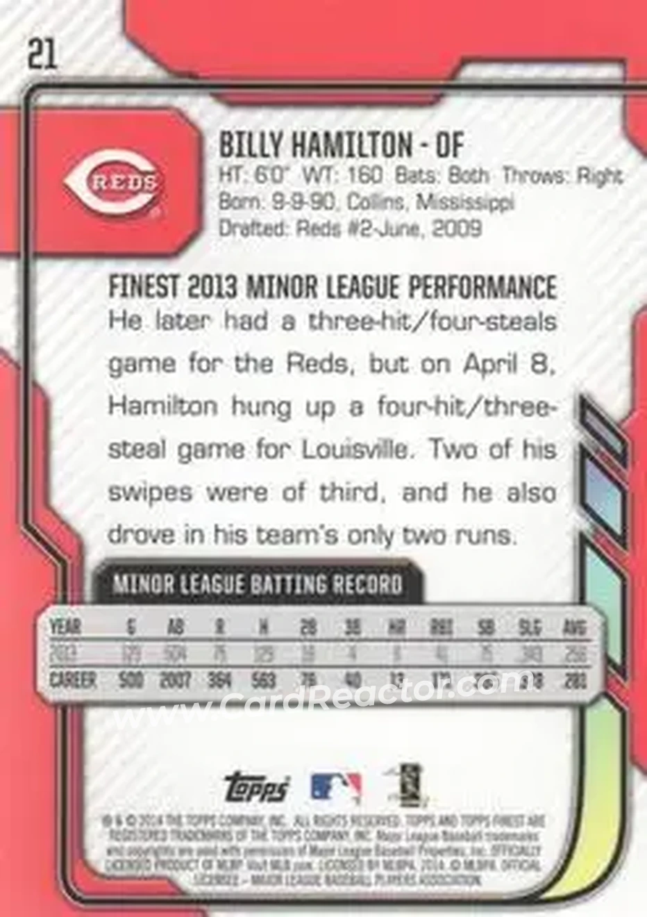 2014 Finest #21 - Billy Hamilton - Cincinnati Reds - Back