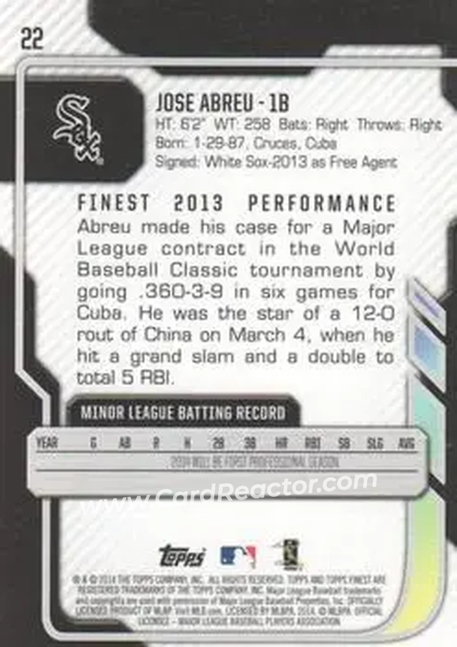 2014 Finest #22 - Jose Abreu - Chicago White Sox - Back