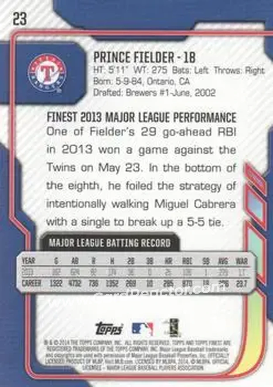 2014 Finest #23 - Prince Fielder - Texas Rangers - Back