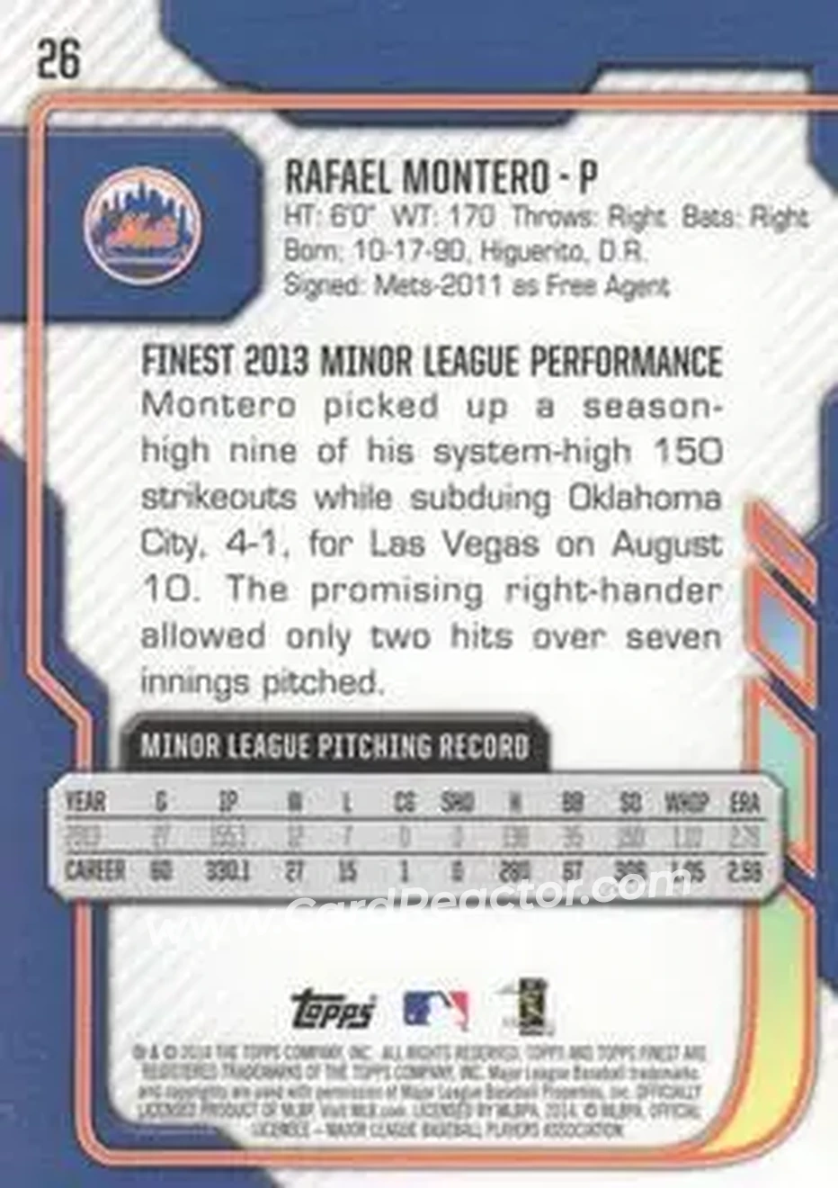 2014 Finest #26 - Rafael Montero - New York Mets - Back 2014 Finest #26 - Rafael Montero - New York Mets - Back
