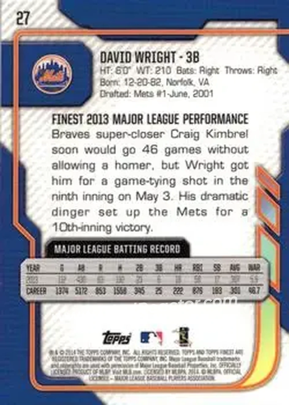 2014 Finest #27 - David Wright - New York Mets - Back