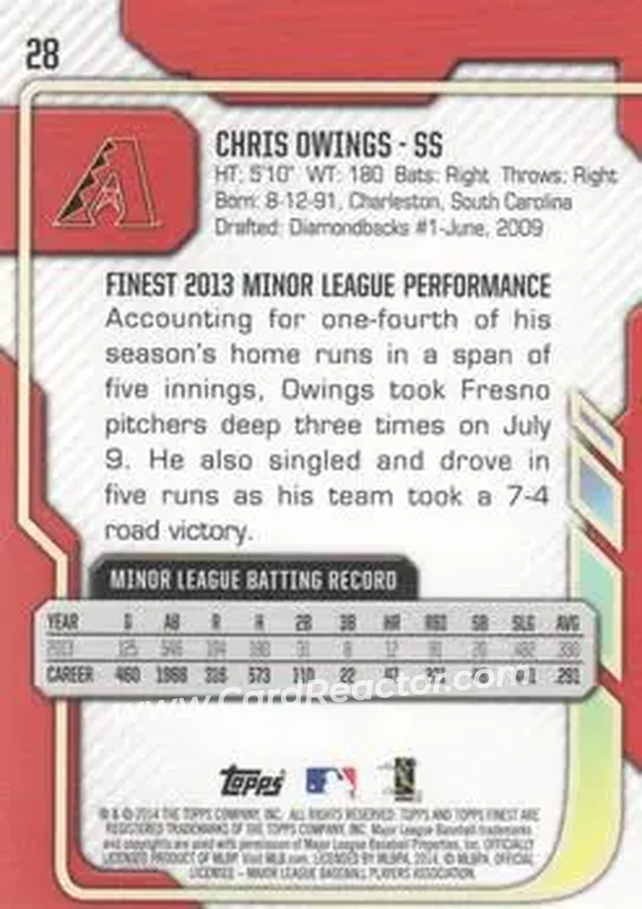 2014 Finest #28 - Chris Owings - Arizona Diamondbacks - Back