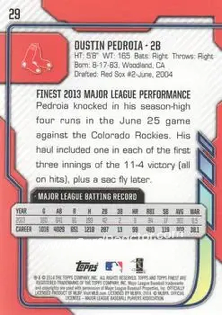 2014 Finest #29 - Dustin Pedroia - Boston Red Sox - Back