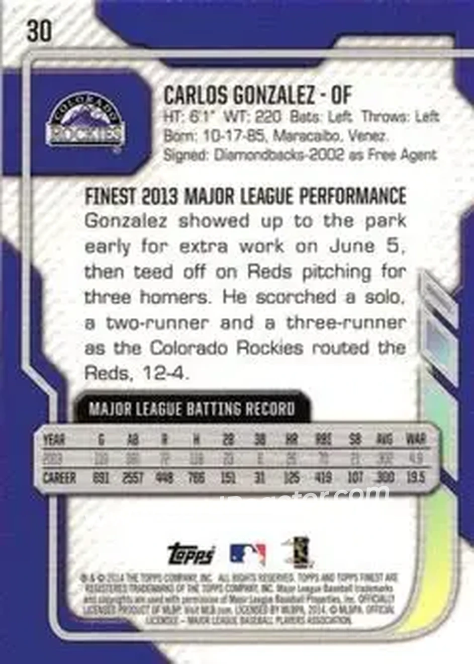 2014 Finest #30 - Carlos Gonzalez - Colorado Rockies - Back