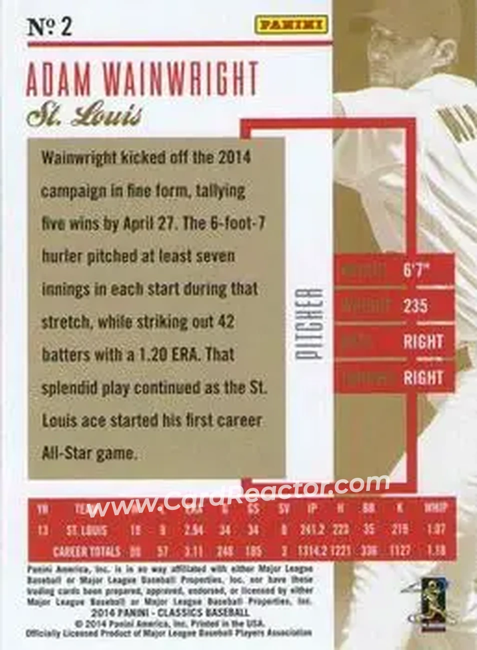2014 Panini Classics #2 - Adam Wainwright - St. Louis Cardinals - Back